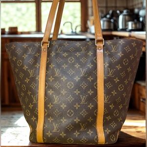 Louis Vuitton Monogram Sac Shopping Tote Bag with Tan Leather Straps with COA